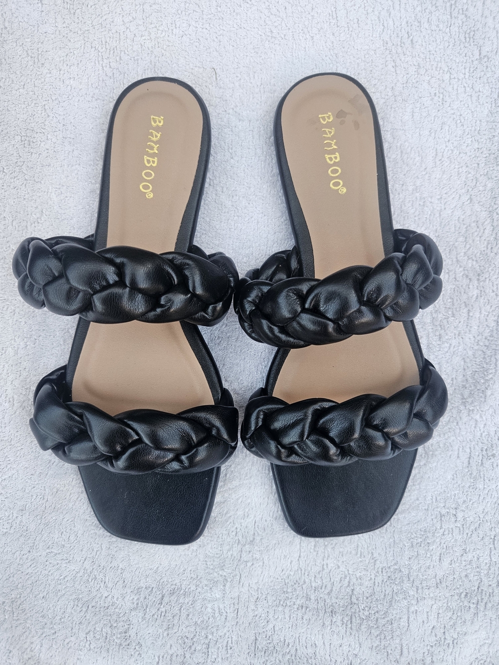 BAMBOO Black Braided Double-Strap Slide Mules